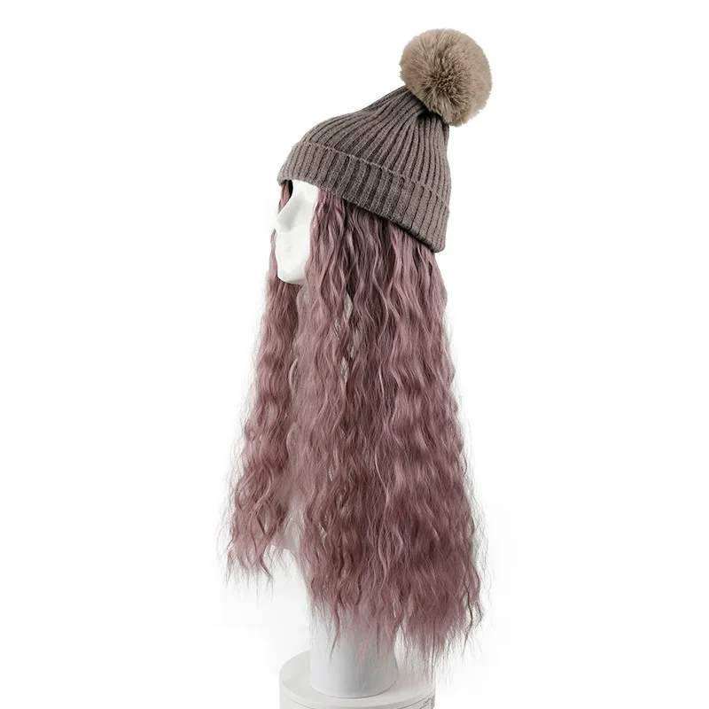 

202111-shi new winter knitting hat patchwork removable Gradients False hair leisure lady Skullies Beanies cap women cool hat