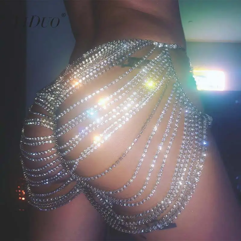 YiDuo, ручная работа, блестящая мини-юбка со стразами, сексуальная, открытая, с бриллиантами, металлические цепочки, юбки, Серебряное золото, Же... от AliExpress WW