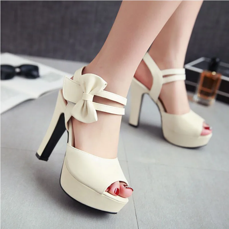 

Plus Size Solid Pumps Wedding Sandals Women Shoes Hook & Loop PU Thick Heel Platform 11.5CM High Heel Party Female Shoes 34-43
