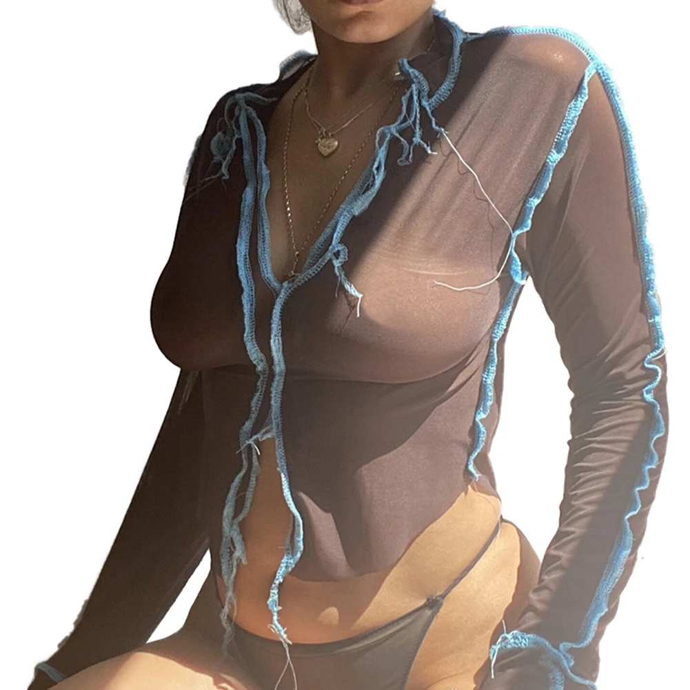 

See Through Patchwork Mesh Tops Short T Shirts Women Long Sleeve V Neck Slim Fit Beach Club Fashion Crop Tops Streetwear