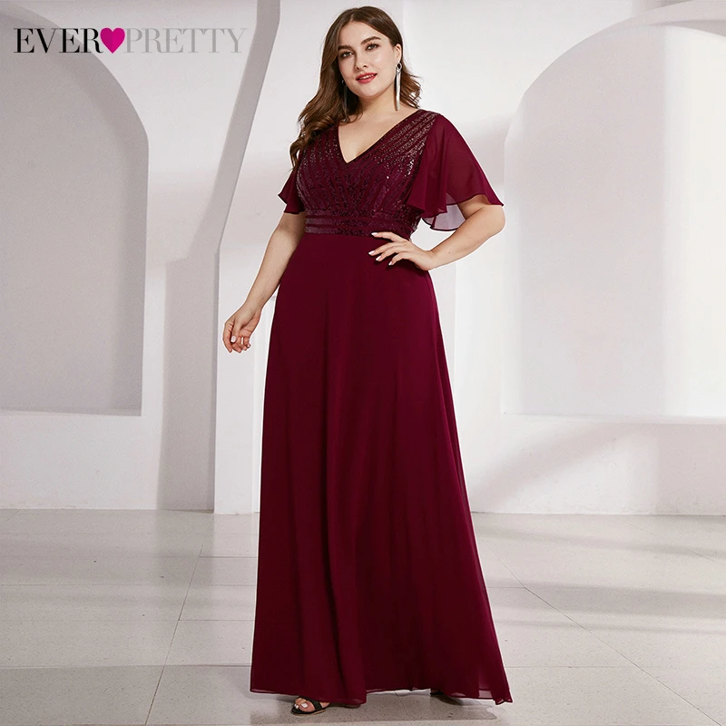

Plus Size Burgundy Evening Dresses Ever Pretty Sequined Ruffles Sleeve A-Line Elegant Sparkle Party Gowns Vestido Formatura 2020