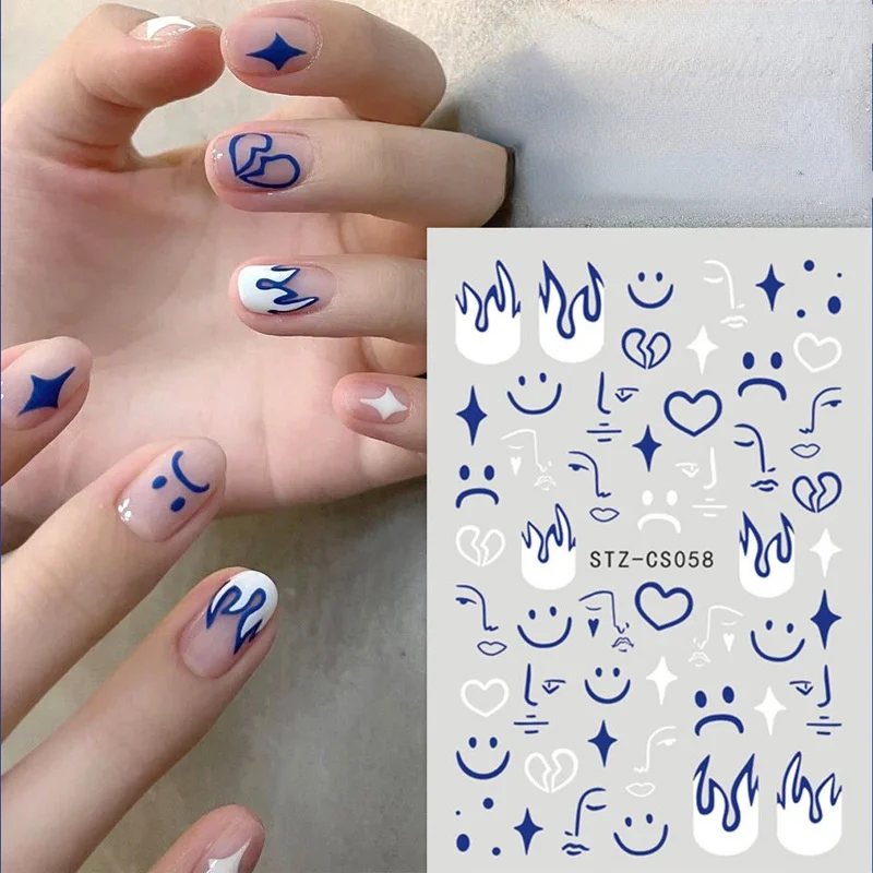 

2021 New Nail Sticker Ins Simple Blue Flame Smiling Face Impressionist Painting Line Back Adhesive Sticker