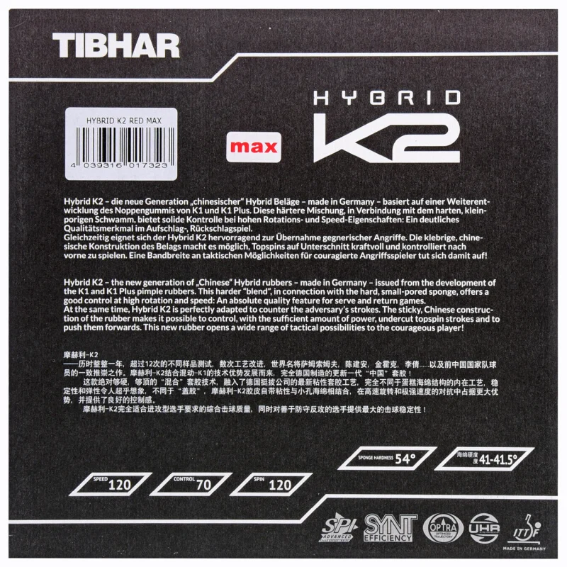 Резиновый липкий спиннинг TIBHAR HYBRID K2 для настольного тенниса сделано в Германии
