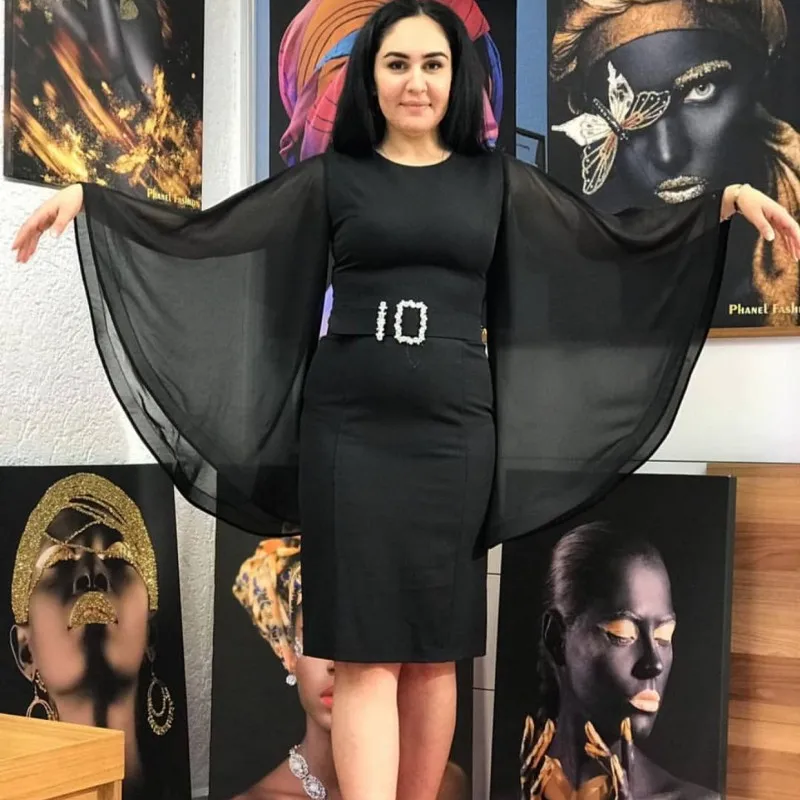 

African Dresses For Women Big Horn Chiffon Sleeves Solid Tight Fitting Hip Pencil Dress New Spring And Autumn With Diamond Belt