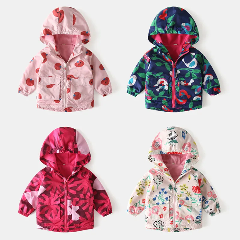 

2021 New Autumn Winter Windbreaker Jacket Baby Girl Cartoon Plus Velvet Outerwear Children Flowers Print Hooded Coat Boys Jacket