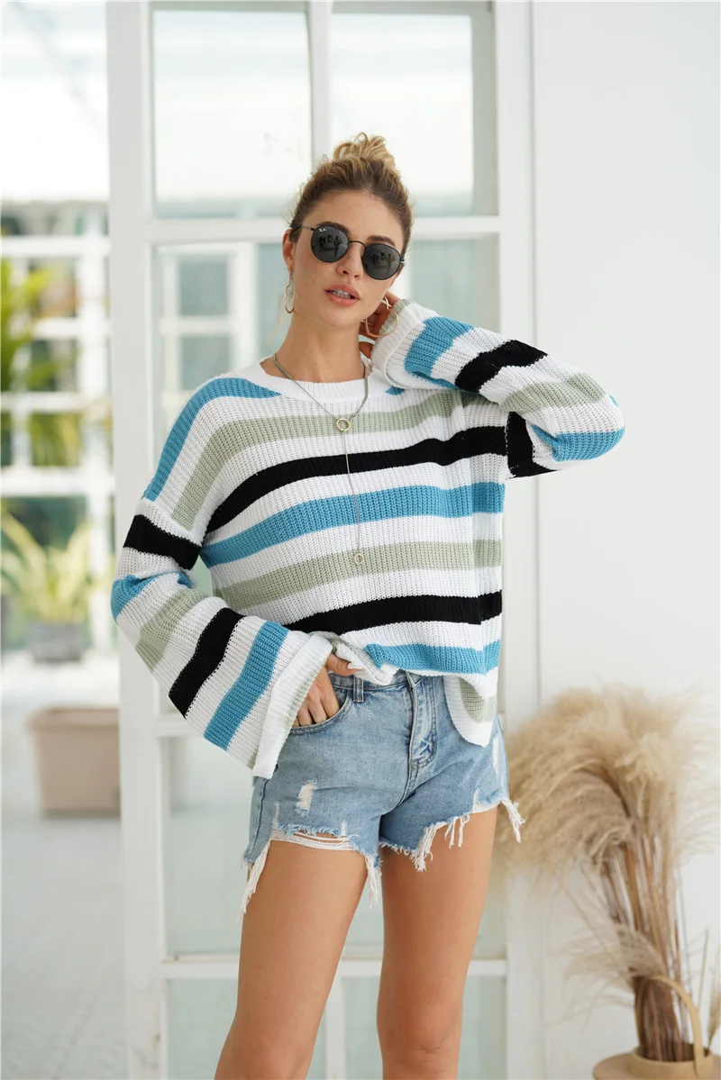 Женский свитер в радужную полоску Fitshinling разноцветные зимние свитера с