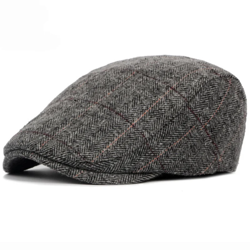 

2021 New Autumn Winter Men Newsboy Hat Berets British Western Style Wool Advanced Flat Ivy Cap Classic Vintage Striped Beret