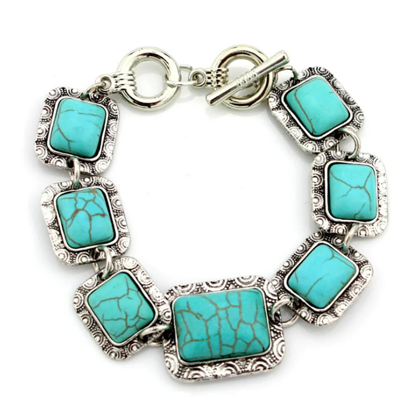 

Посеребренная звеньевая цепочка, Штабелируемая Прямоугольная форма, зеленая бирюза, камень, браслет, этнический стиль, ювелирное изделие