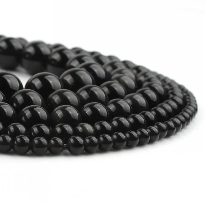 Круглые бусины из натурального черного обсидиана гладкие незакрепленные