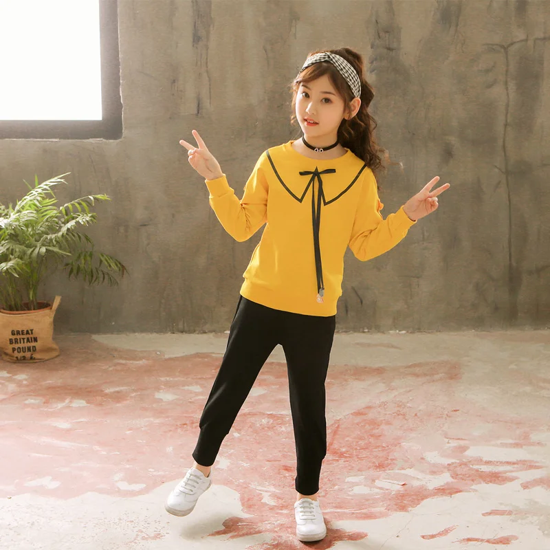 

Костюм для девочек на весну и осень, детский комплект одежды с оборками, детская спортивная одежда из чистого хлопка, Симпатичные топы + нашивки, 2 шт., B227