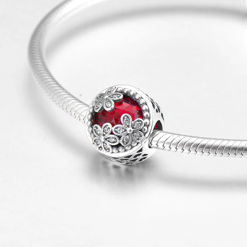 Charming round 925 Sterling Silver dazzling flower shiny red CZ fine Bead Fit Original European Charm Bracelet Jewelry making | Украшения и