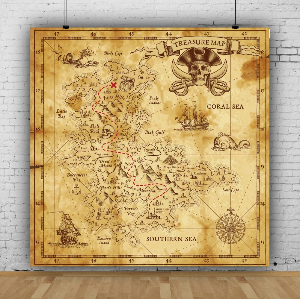 

Ancient Treasure Map Background Photography Compass Pirate Adventure Vinyl Backdrop For Room Wall Poster Cover