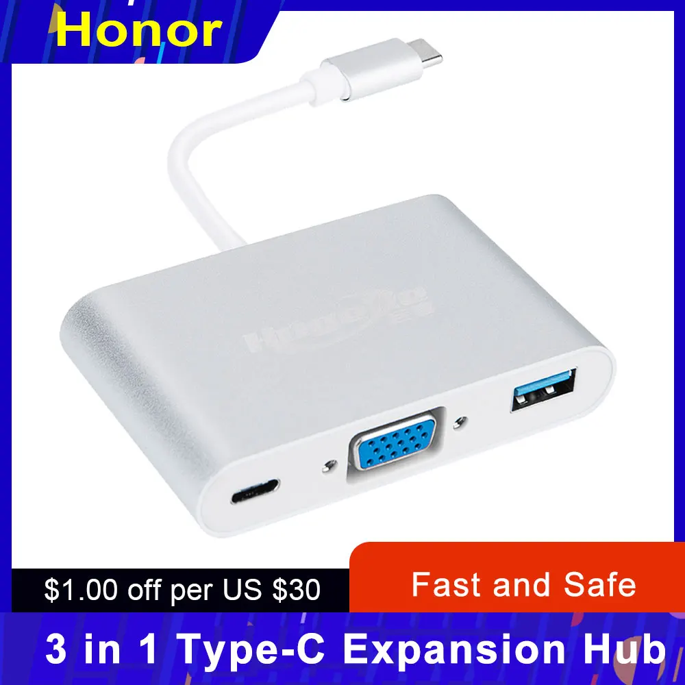 3 в 1 Type C концентратор расширения USB к USB3.0/VGA/Type адаптер 1080P конвертер Замена для