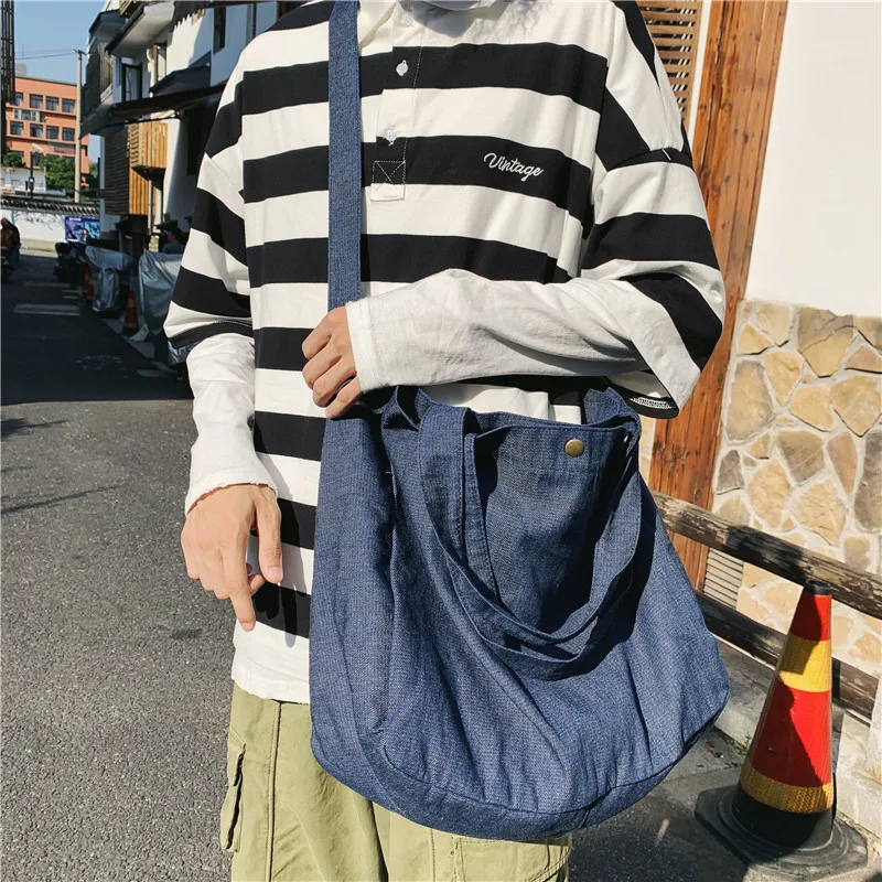 

Lazy Style Monochrome Student School Bag Shoulder Shopping Bag Large Capacity Handbag Ladies Canvas Denim Shoulder Bag