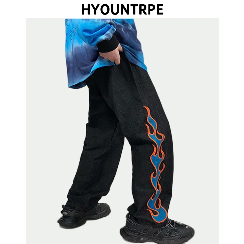 

Джинсы мужские прямые на молнии, Модные свободные штаны с вышивкой, повседневные джоггеры из денима в стиле хип-хоп, в стиле Харадзюку