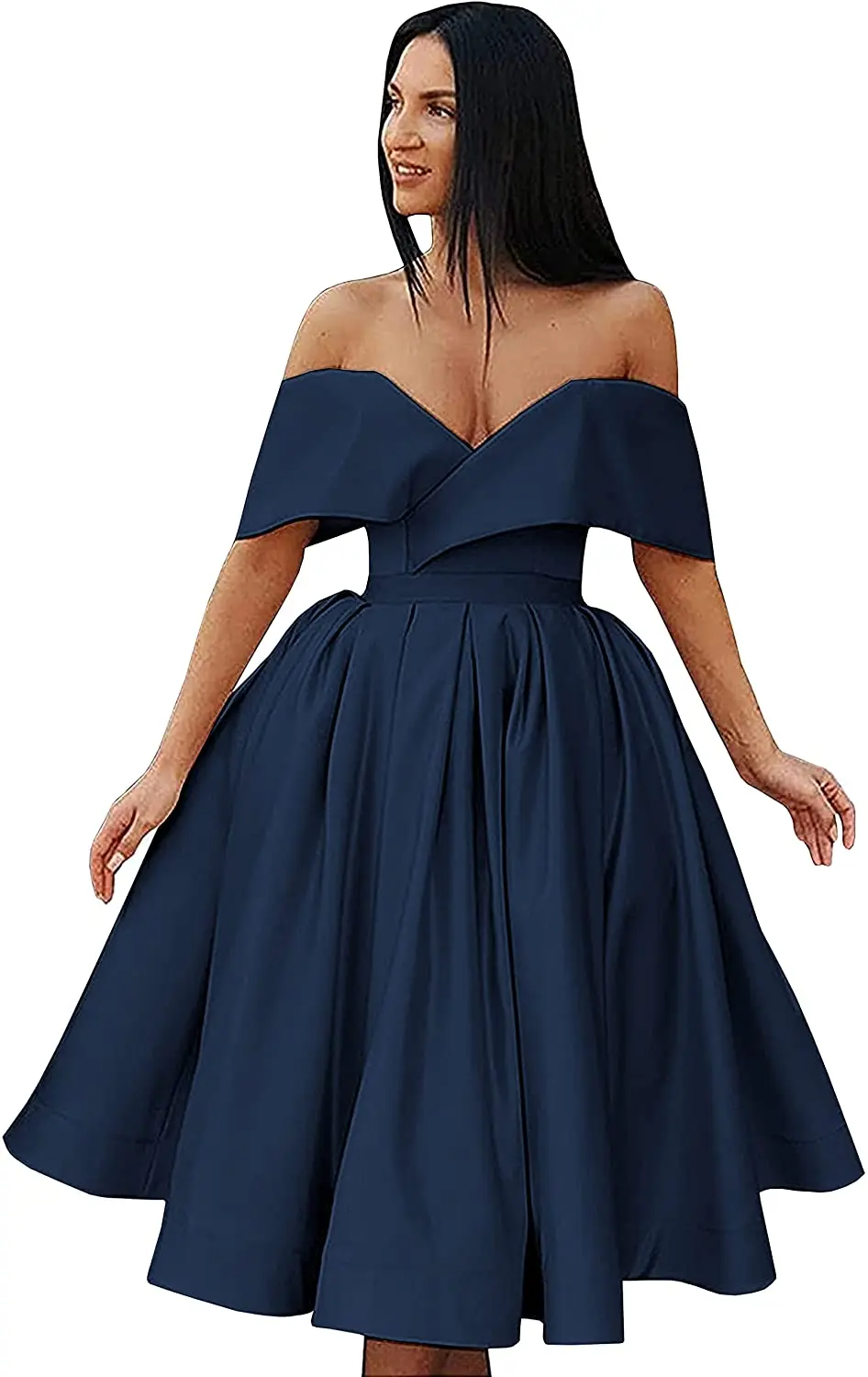 

Women's Off The Shoulder Homecoming Dresses Short for Juniors A Line Satin Formal Prom Evening Ball Gown with Pockets
