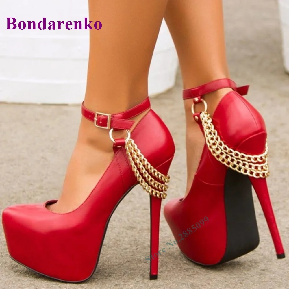 Coral Red Platform Ankle Strap Pumps Metal Chain Stiletto Heel Buckles Solid PumpsFemale Party Dress Shoe Pointed Toe Summer New