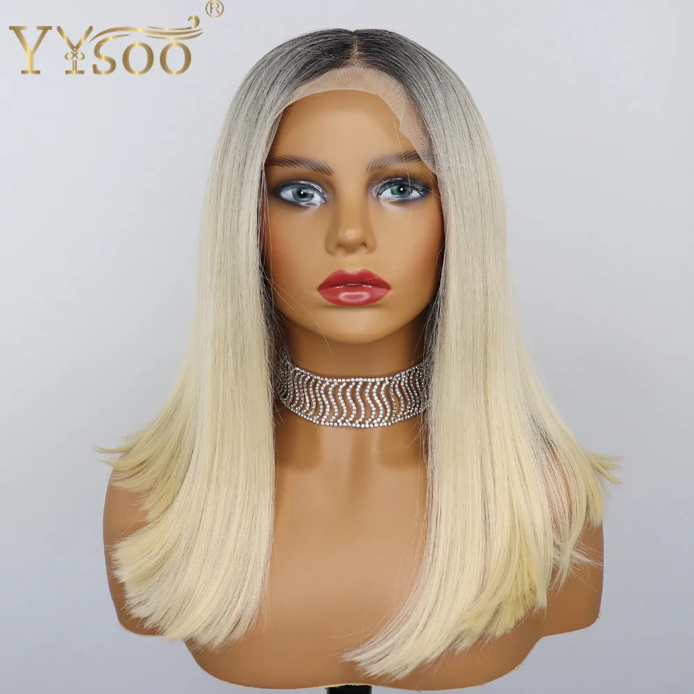 YYsoo Dark Roots Ombre Blonde Synthetic Lace Front Bob Wigs 13x4 Futura Heat Resistant Short Ombre Straight Half Hand Tied Wigs