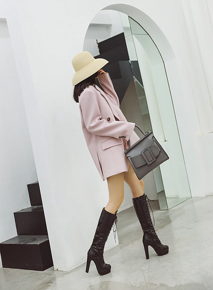 ANMAIRON PU Knee-High Round Toe Boots Women Super High Square Heel Winter shoes Zip Cross-tied Thigh High Boot Solid Short Plush