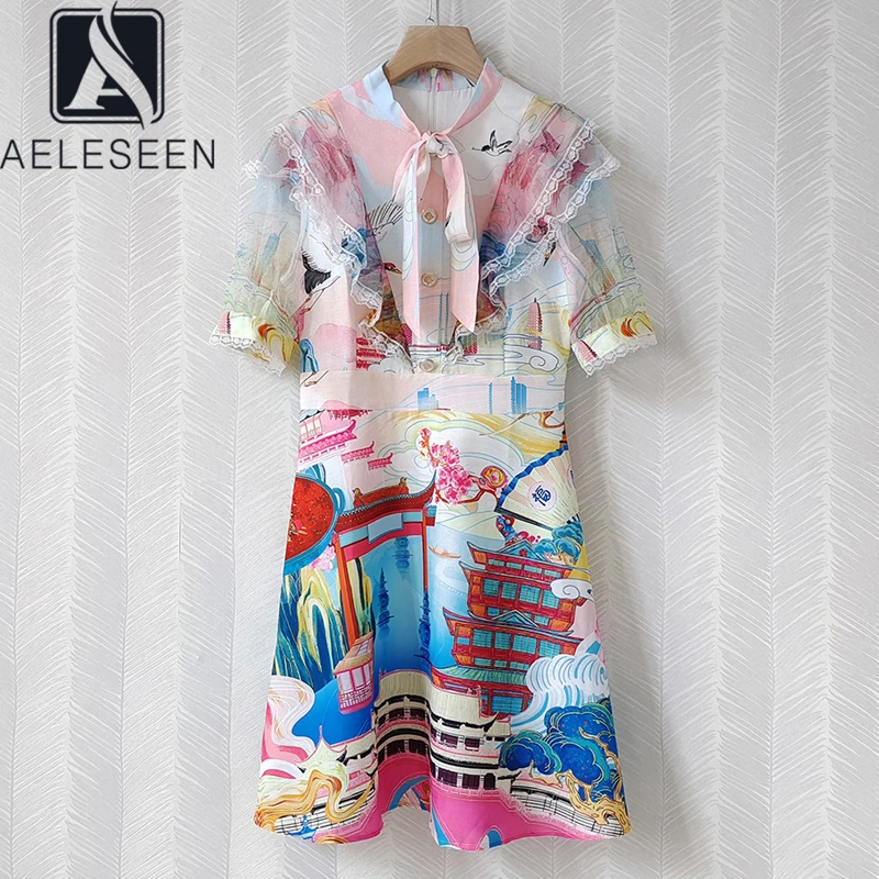 

AELESEEN Sweety Ladies Summer Dress Designer Fashion Bow Collar Ruffles Colorful Cartoon Print Slim A-Line Women Dress