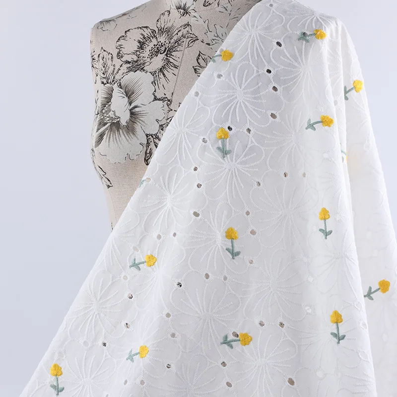 

Cotton White Floral Embroidered Fabric Hollow Flower Lace for Dress Shawl,Wedding Fabric Diy Sewing Supplies Crafts