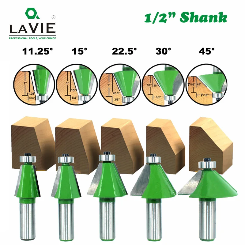 LAVIE 5pcs 12MM 1/2&quot Shank Chamfer Router Bit 11.25 15 22.5 30 45 Degree Milling Cutter for Wood Machine MC03233 | Инструменты