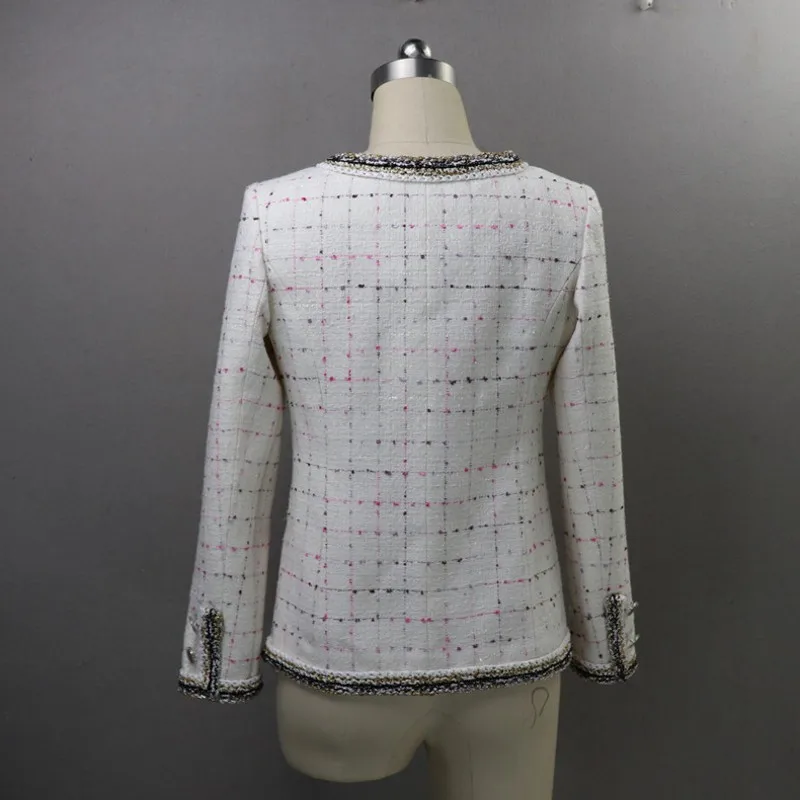 Женский твидовый пиджак подиумный облегающий однобортный жакет в клетку с