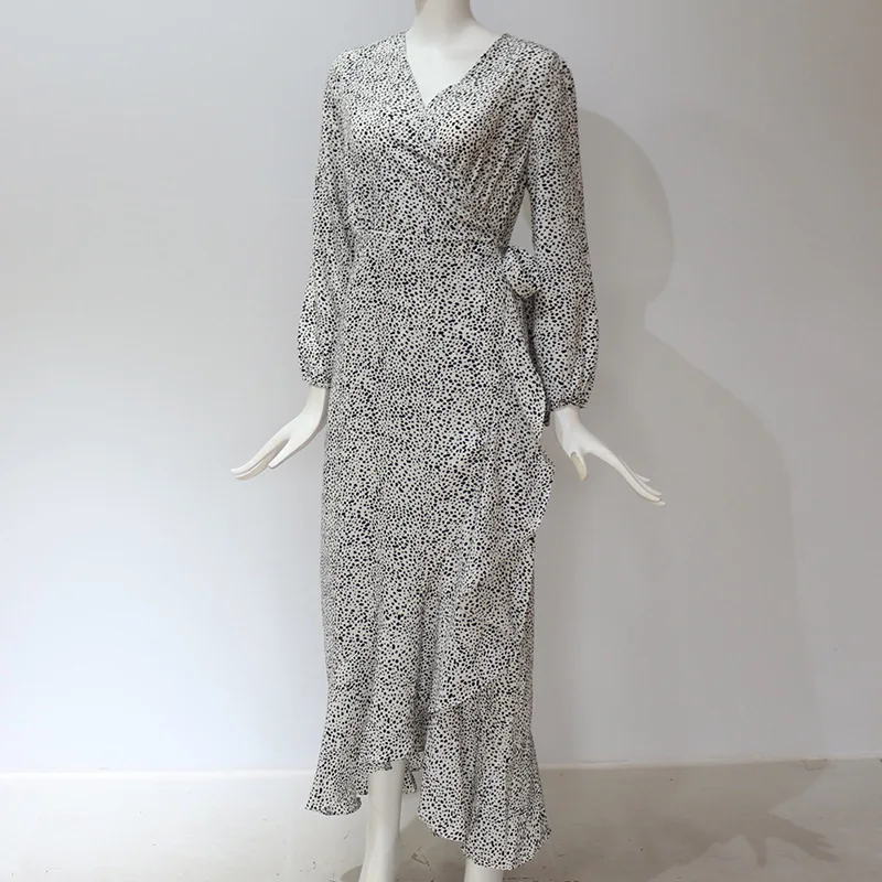 

V-neck Leopard Print Chiffon Summer Dress Lantern Sleeve High Waist Bandage Split Beach Dresses Vestidos Rz*