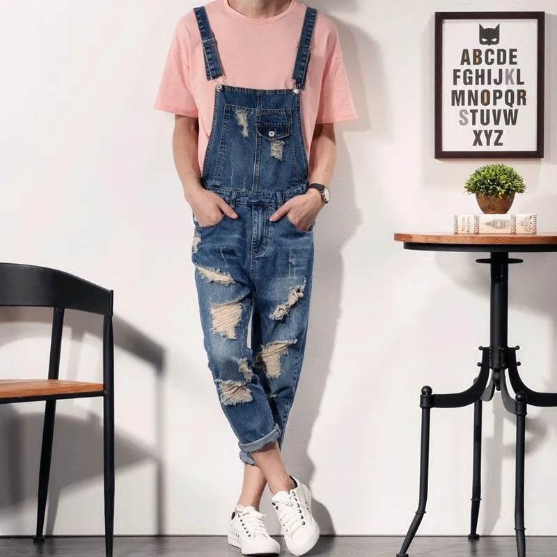 

Harajuku Summer Men Hole Ripped Jeans Jumpsuits Plus Size Male Trousers Slim Denim Overalls Retro Casual Cowboys Suspender Pants