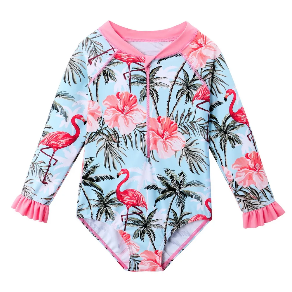 Детский купальник BAOHULU для девочек с длинным рукавом цельный на молнии цветами