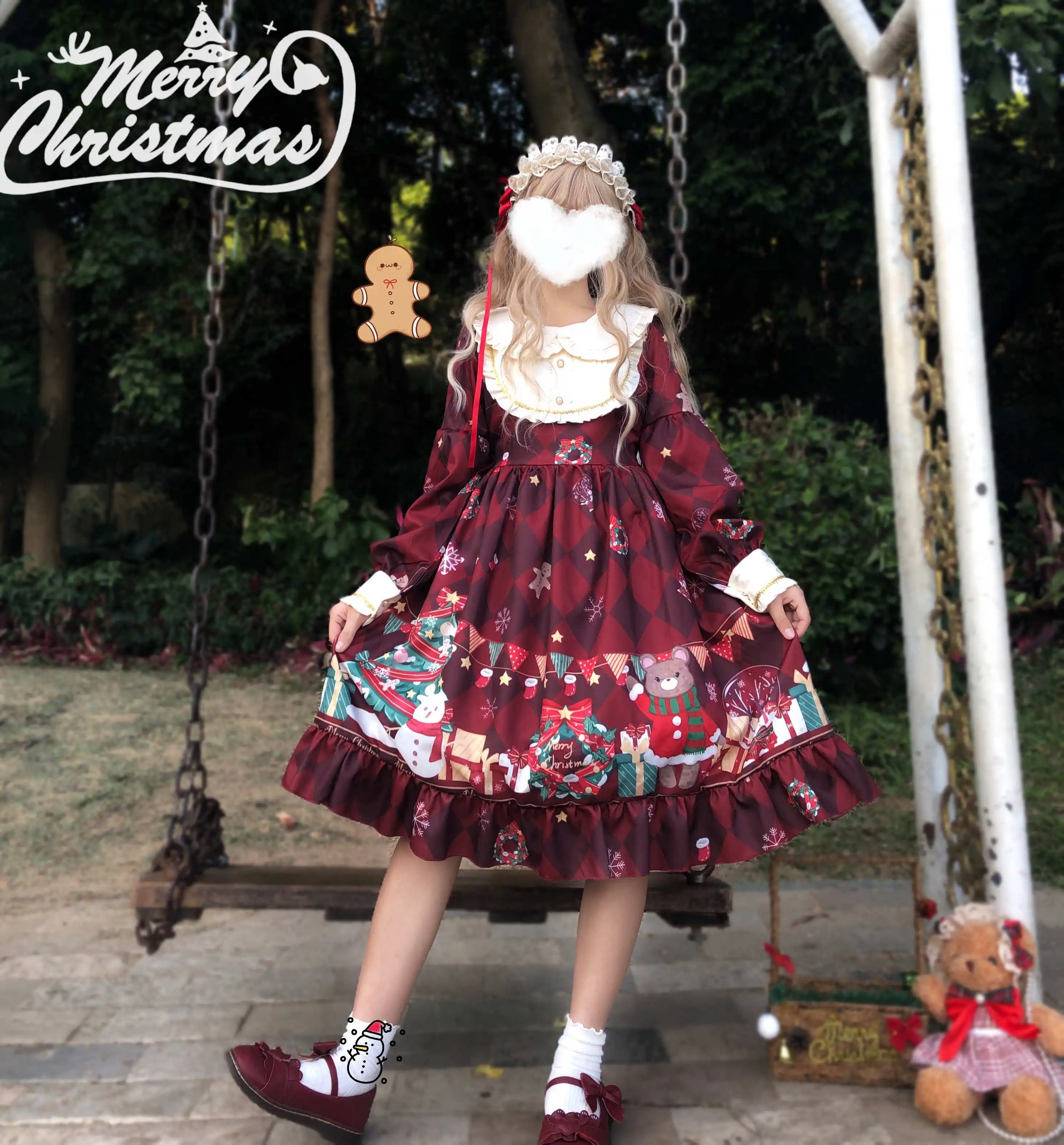 

Palace vintage sweet Kawaii Lolita dress Christmas Bear Dress op long sleeve dress matte autumn winter gothic lolita loli cos