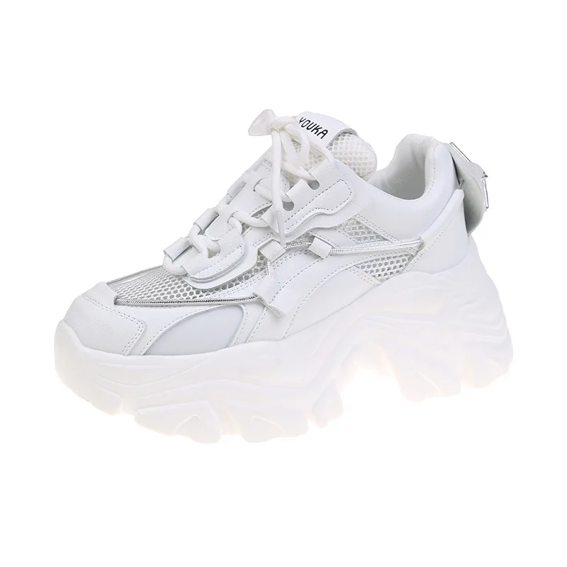 Кроссовки женские из натуральной кожи на платформе и массивном каблуке | Обувь