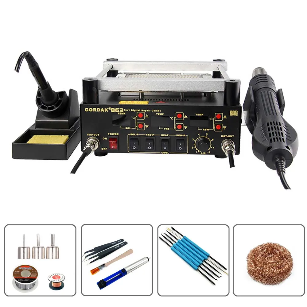 Package 1 GORDAK 863 3 в 1 Тепловая пушка горячего воздуха паяльная станция BGA+ Электрический паяльник+ Инфракрасная станция предварительного нагрева - Цвет: Package 1