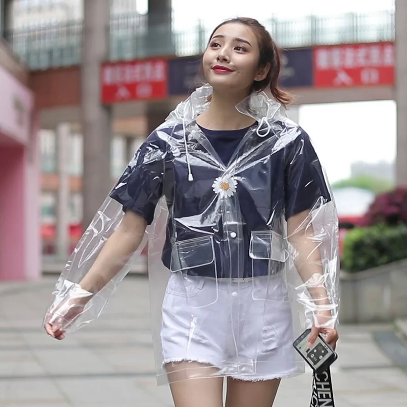 Прозрачный короткий непромокаемый плащ со съемной шапкой для женщин и мужчин