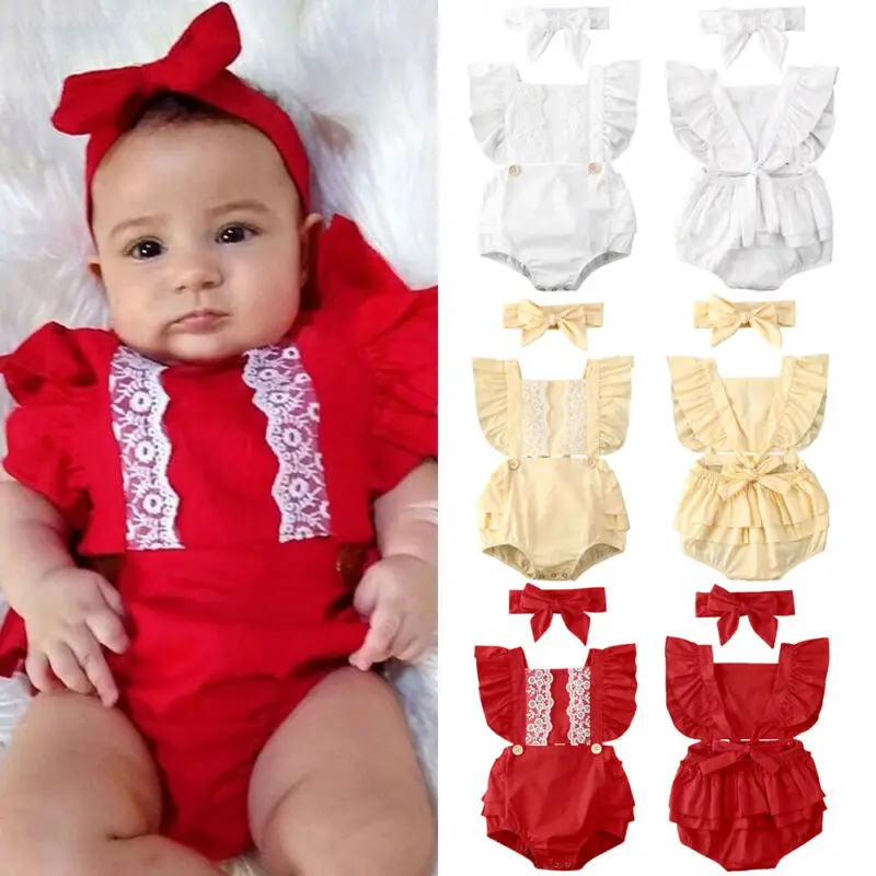 

PUDCOCO Summer 2Pcs Newborn Baby Girl Clothes Lace Ruffle Romper Jumpsuit+Headband Outfits 0-24M