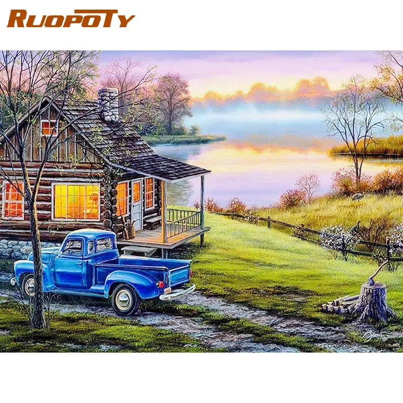 RUOPOTY рамка Creekside дача DIY Краска по номерам Ландшафтная краска для домашнего