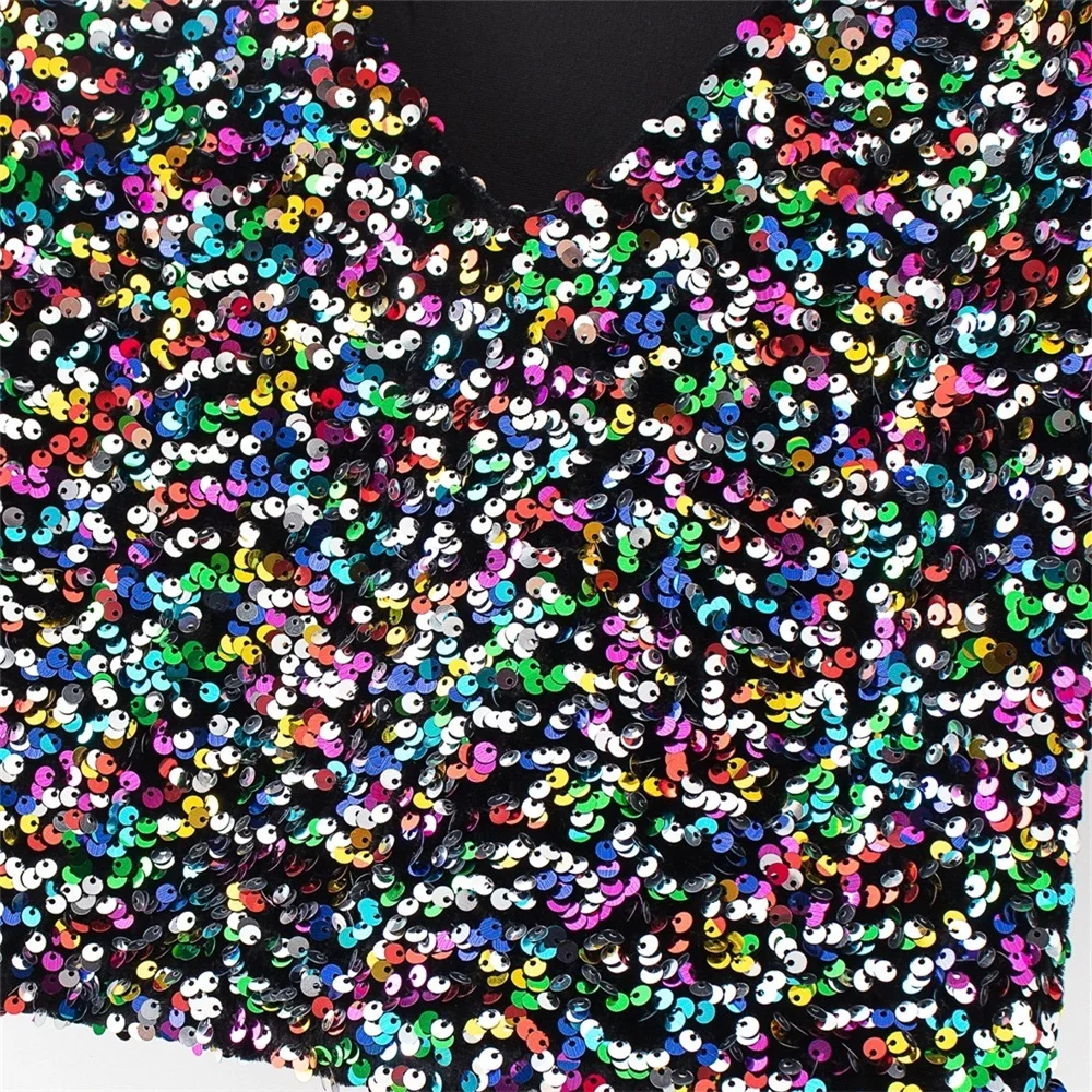 

2020 Summer Women's New French Slim Slim Fashion Wild V-neck Short Sleeve Sequin Short Shirt