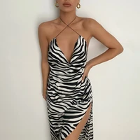 summer female sexy dress zebra stripe print deep v neck sleeveless backless side split sundress for women