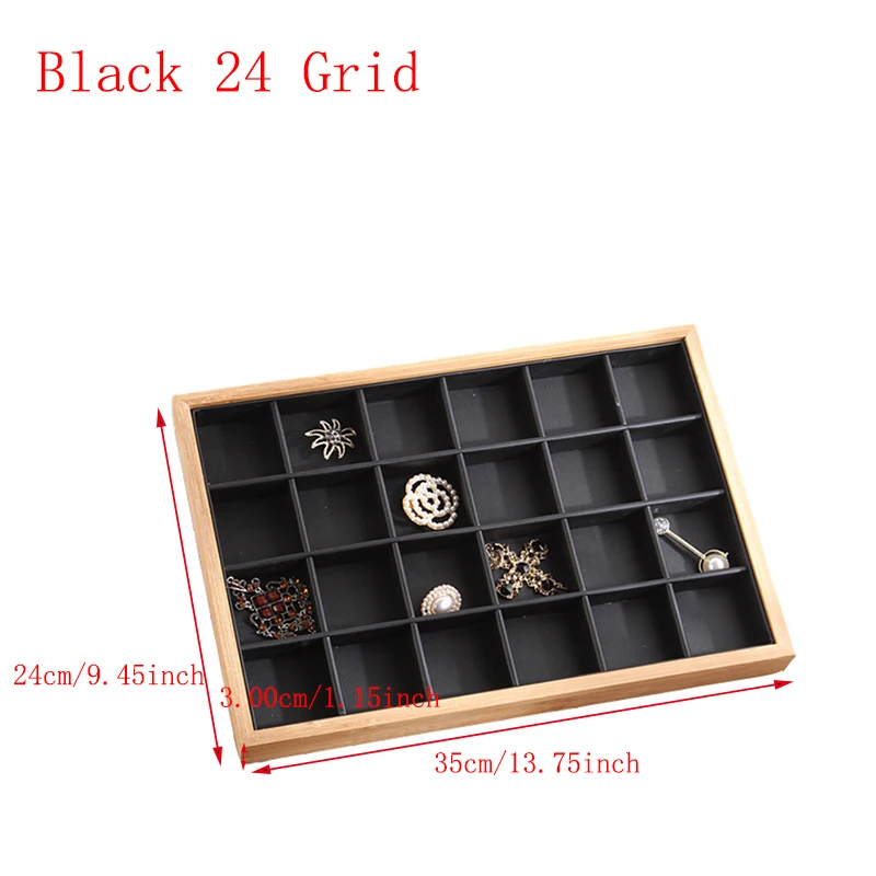 Black 24 Grid Бамбуковое кольцо из искусственной кожи, серьги-гвоздики, браслет, ювелирный дисплей, чехол для часов, многофункциональная коробка для хранения ювелирных изделий, чехол для демонстрации - Цвет: Black 24 Grid