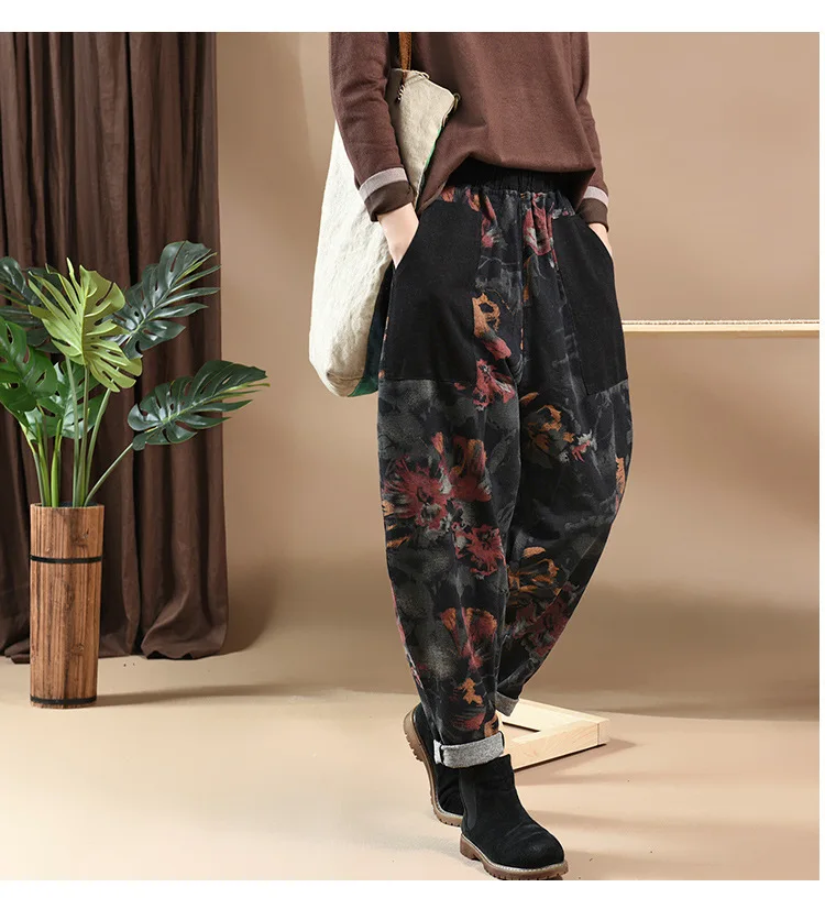 Женские осенние джинсы в стиле ретро с цветочным принтом Лоскутные трикотажные