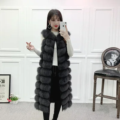 DarkGrey 90cm Уникальный дизайн X-Long жилет из натурального меха лисы полный ремень женский длинный тонкий натуральный мех пальто с карманами молния спереди 90 см/110 см - Цвет: DarkGrey 90cm