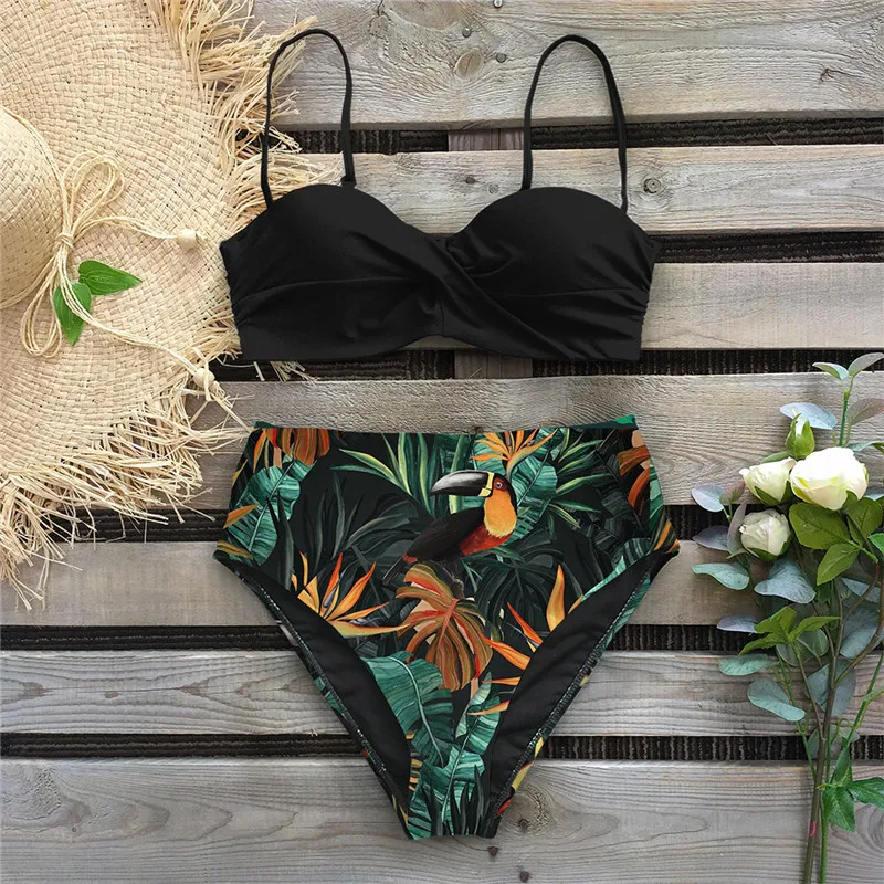 

2021 Sexy Leaf Print Bikini Female Swimsuit Women Swimwear Thong Push Up Bikinis Set High Waist Swimming Suits for Bathing Suit