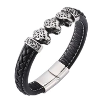 punk men jewelry braided leather bracelet stainless steel magnetic buckle bangles leopard animal bracelet male wristband pd791