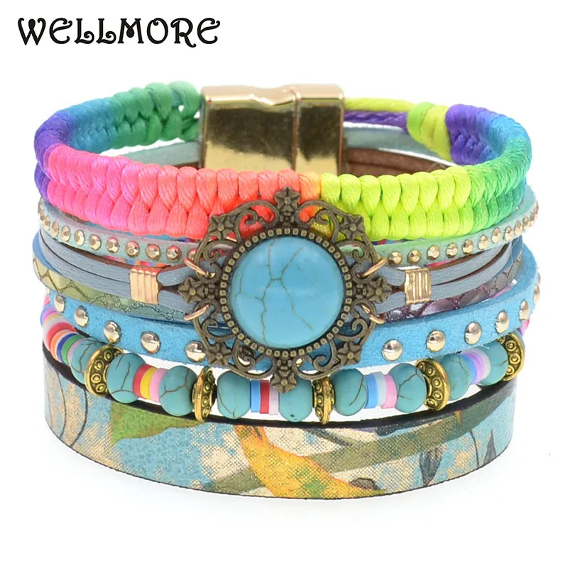 

WELLMORE colorful bohemia bracelets for women stone beaded leather bracelet multilayer charm Bracelets Female fashion Jewelry