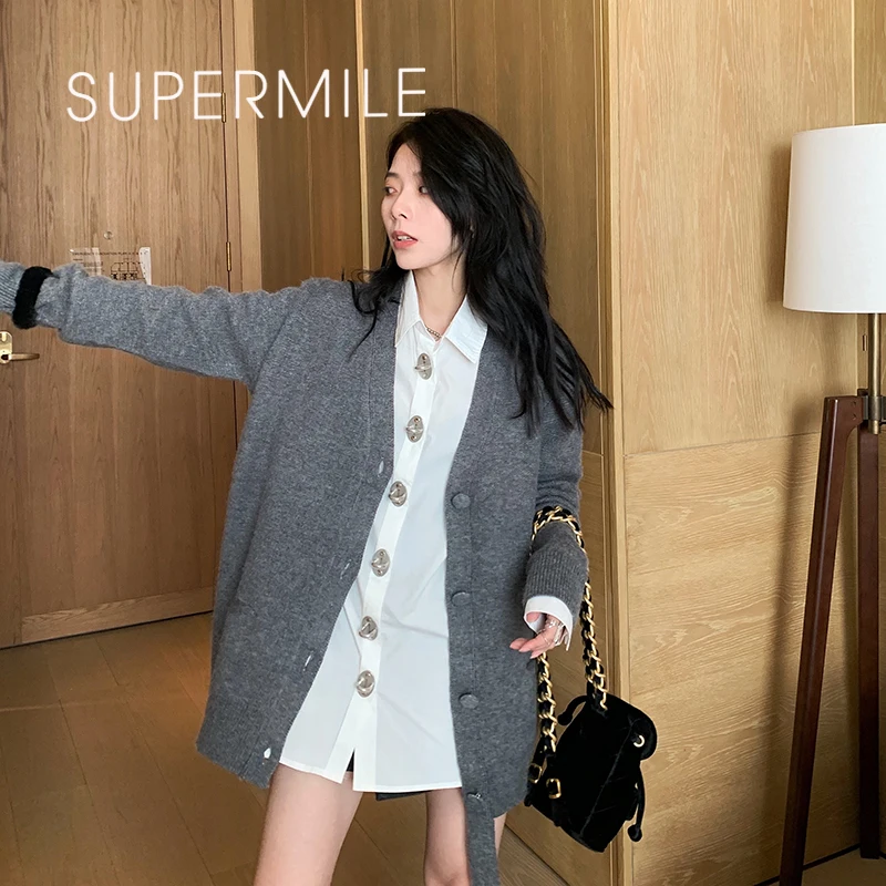 

2021 New Women Grey Cardigan Sweater Elegant Soft Full Sleeve Outwear Korean Casual Single-Breasted Knitted Jumper Tops Spring