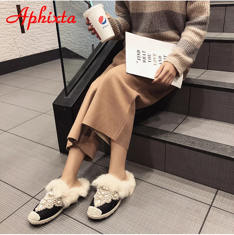 Aphixta зимние теплые тапочки с натуральным мехом; женская обувь на шнуровке с жемчугом и кристаллами; шикарная плюшевая женская обувь с натуральным кроличьим мехом