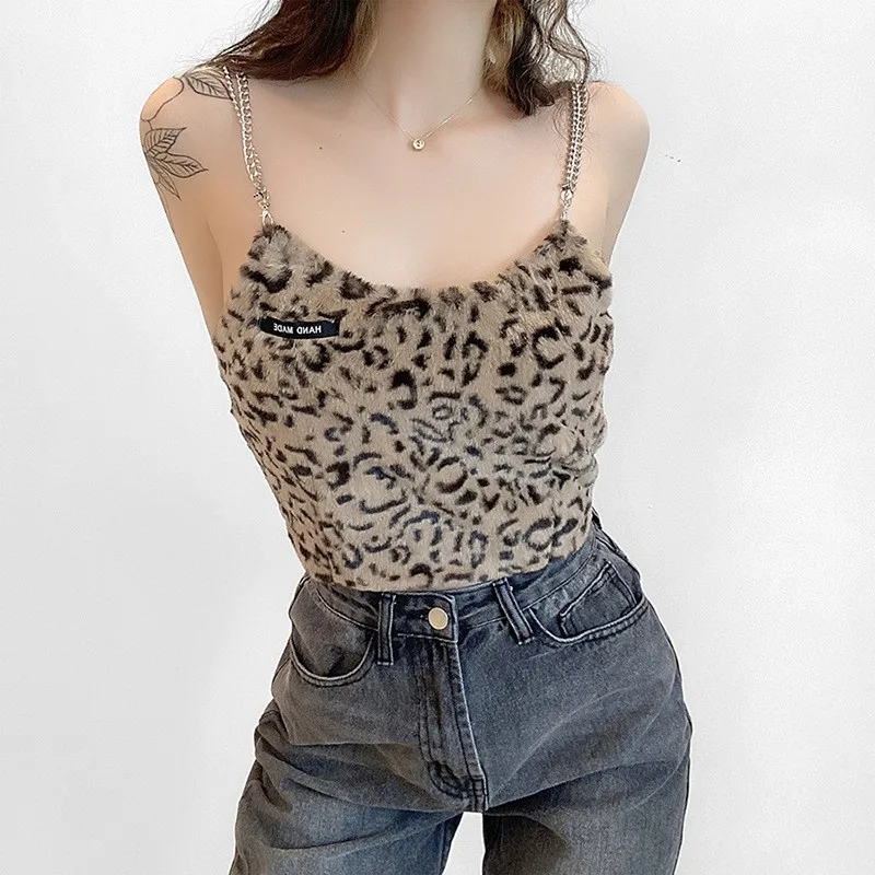 

Sexy Fashion Leopard Print Chain Crop Top Strap Summer Trendy Womens Clothing Camisole Woman Short Slim Fit Tank Tops Cool Girls