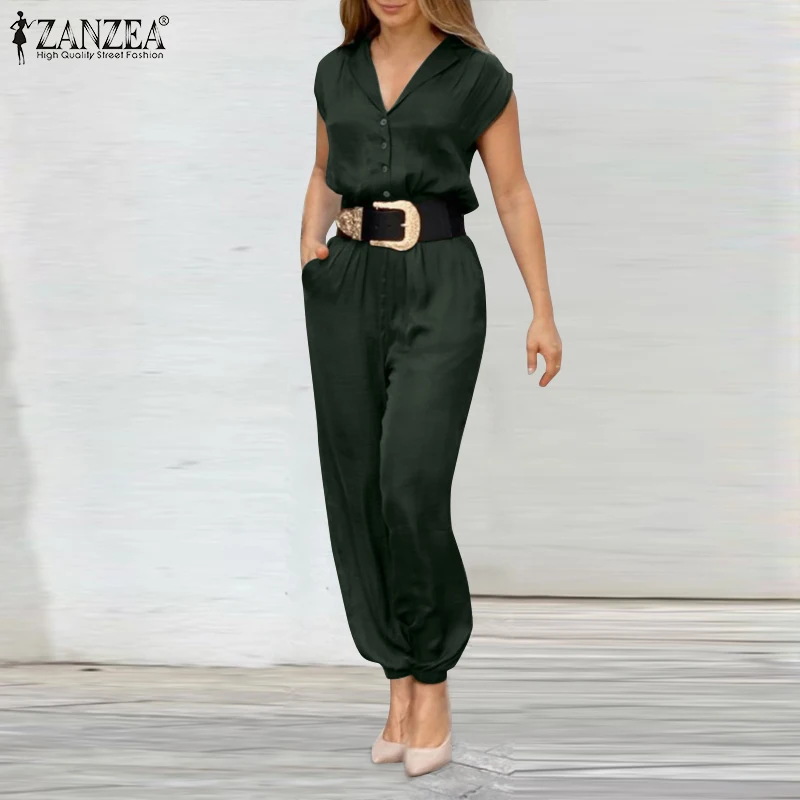 Комбинезон ZANZEA женский с отворотом модный длинный однотонный ромпер коротким