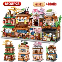 mini city street view noodle shop house building blocks 4 in 1 japanese architecture friends figures bricks toys for children