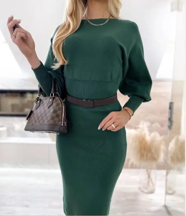

Autumn New Style European and American Professional Women's Beltless Long Sleeve Office Lantern Sleeve Party Dress